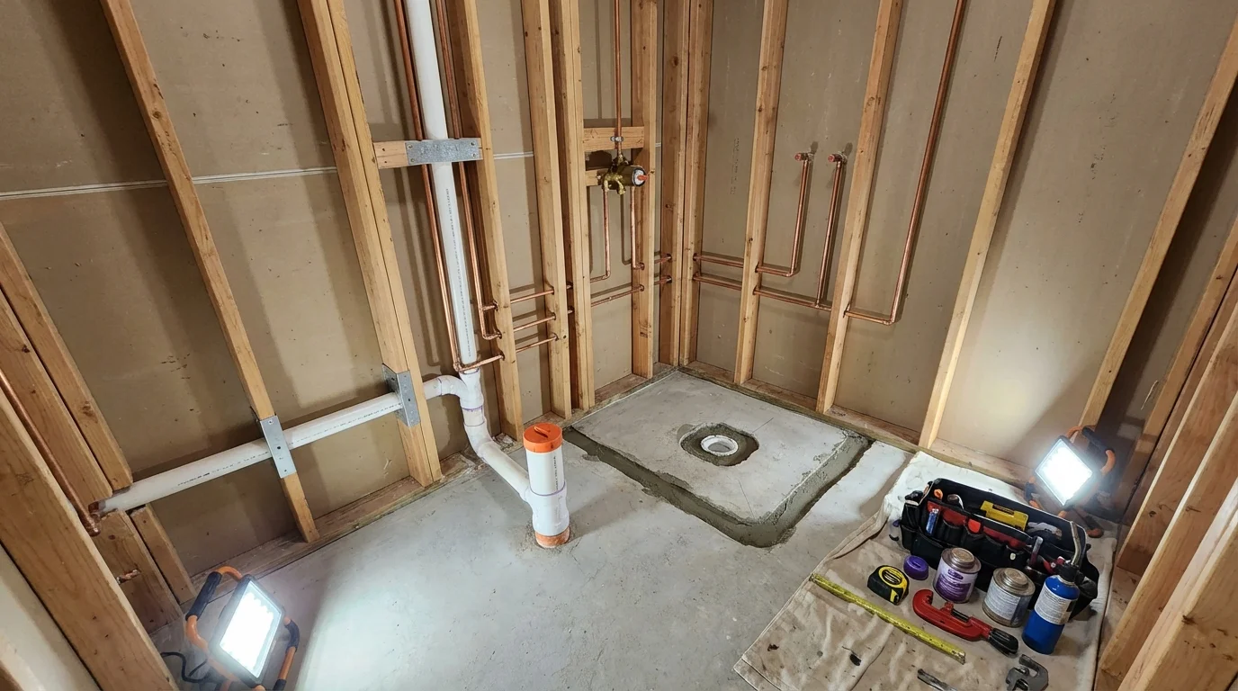 Bathroom rough-in plumbing during remodel by Johns Plumbing LLC in Mulvane