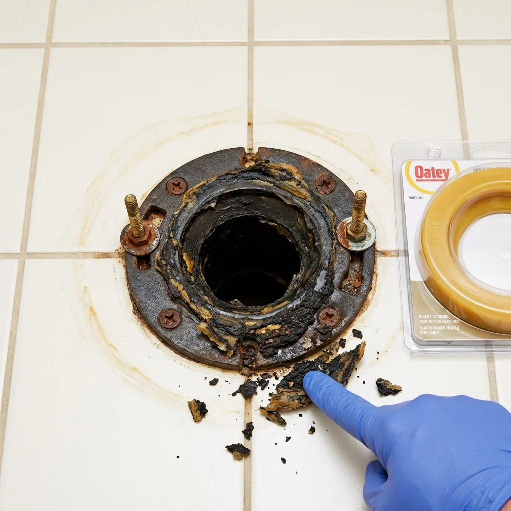 Failed wax ring showing water seepage at the base of a toilet in a Mulvane, KS home