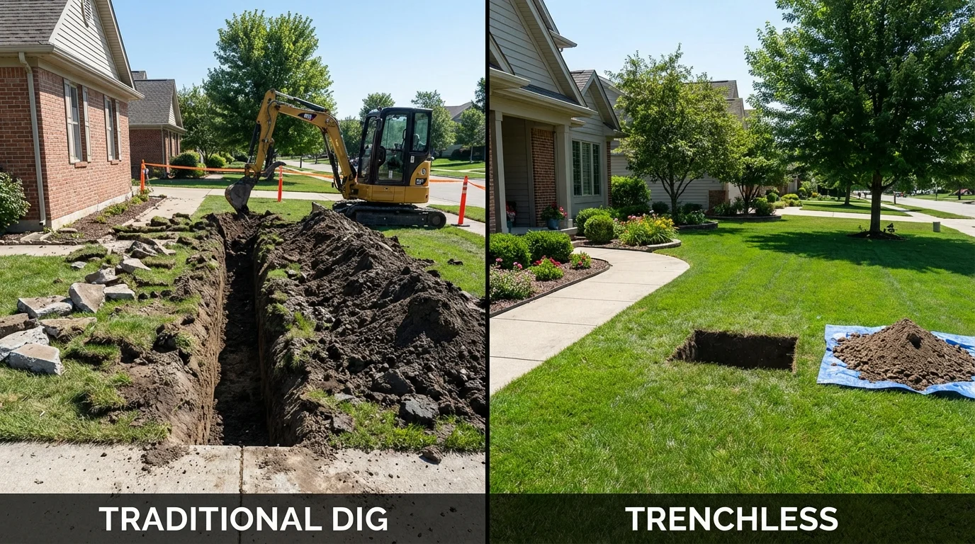 Trenchless sewer repair with minimal yard damage versus traditional excavation in Mulvane, KS